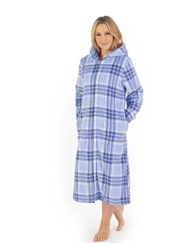 Check Print Waffle 46" Hooded Zip Housecoat HC06331