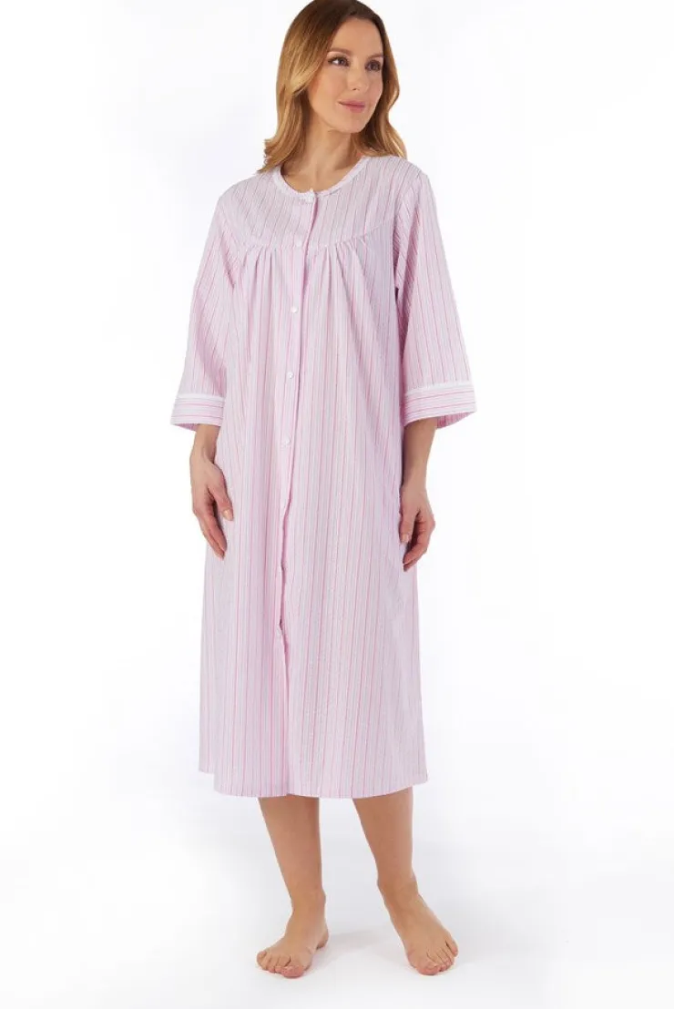 Pinstripe Seersucker 45" Popper Front Woven Housecoat HC55227
