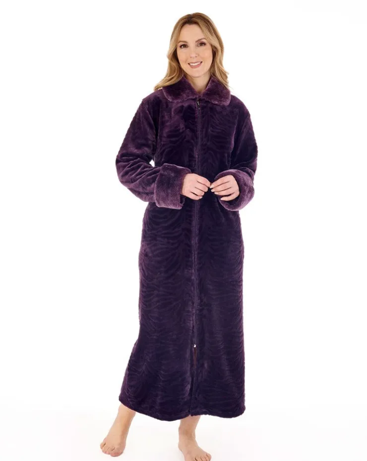 Zebra Inspired Print Faux Fur 50" Zip Housecoat HC88337