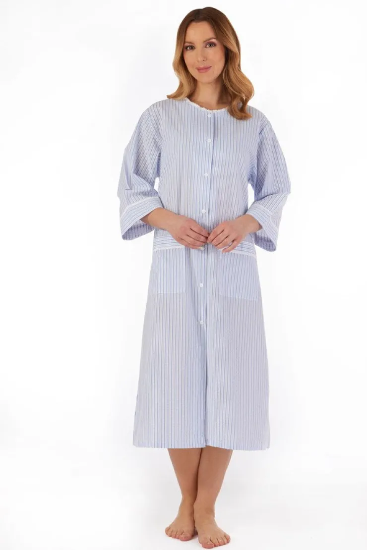 Pinstripe Seersucker 45" Popper Front Coat HC55226